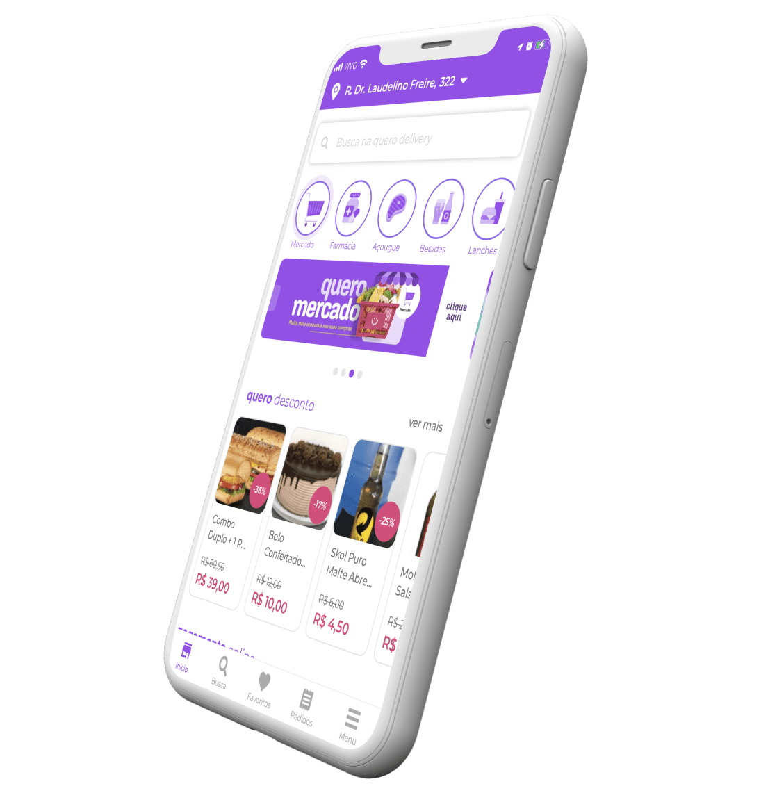 Smartphone com tela do aplicativo QueroDelivery
